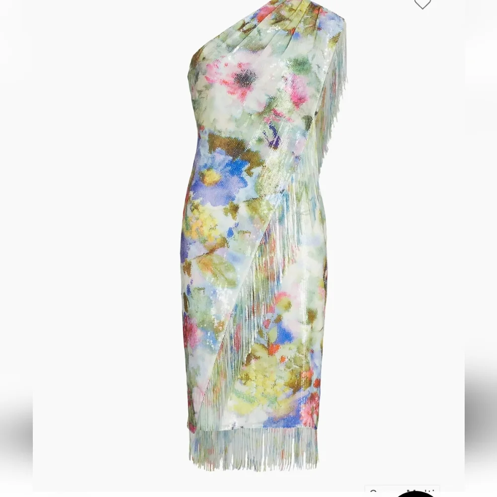 BADGLEY MISCHKA Green Multi Fringe Sequin Floral One Shoulder Dress - Picture 3 of 17